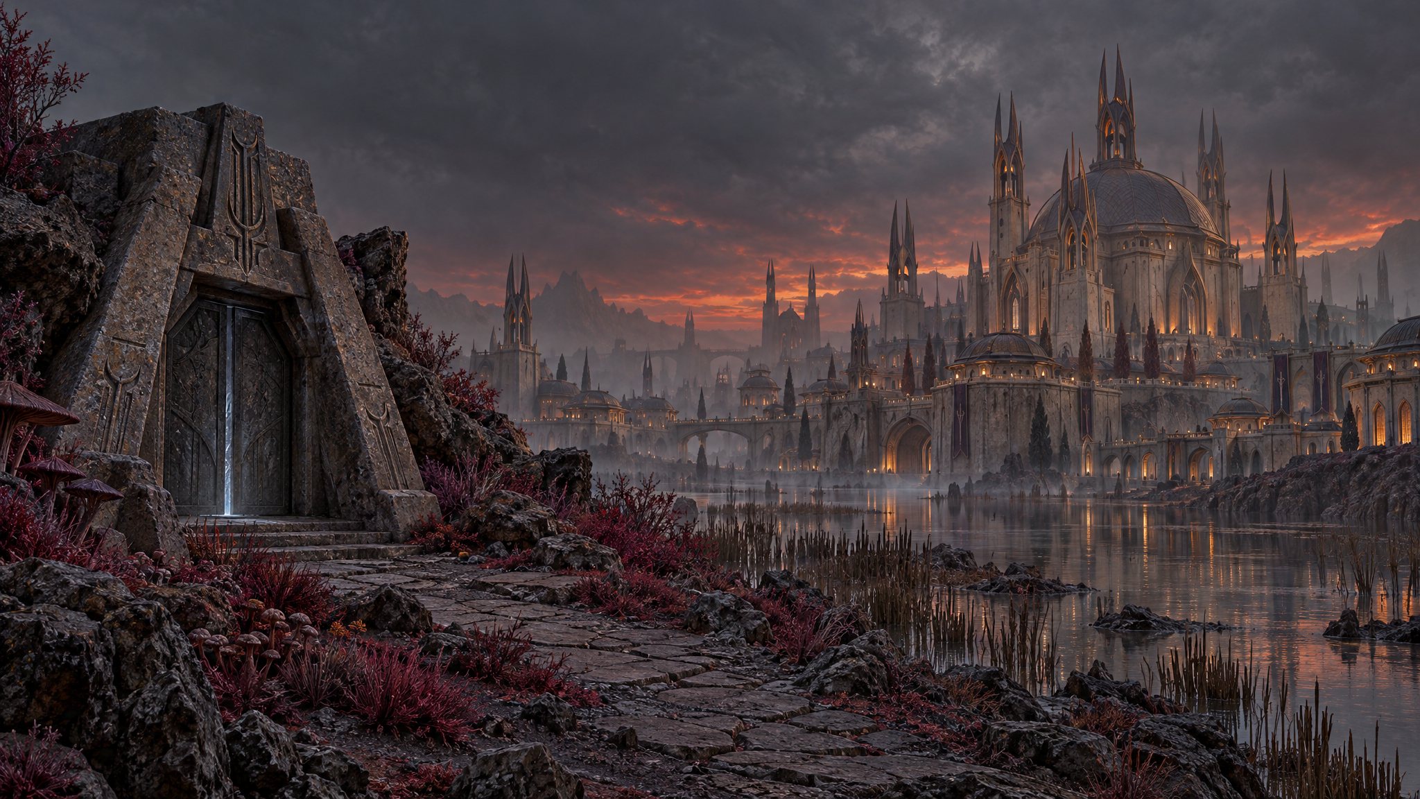 A Tribunal temple in Mournhold beneath the ash skies of Morrowind