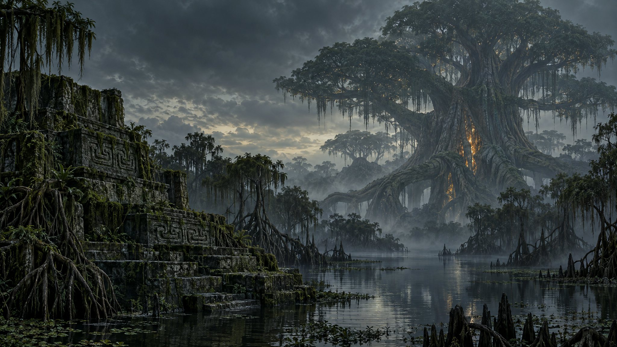 A great Hist tree beside an ancient xanmeer in Black Marsh