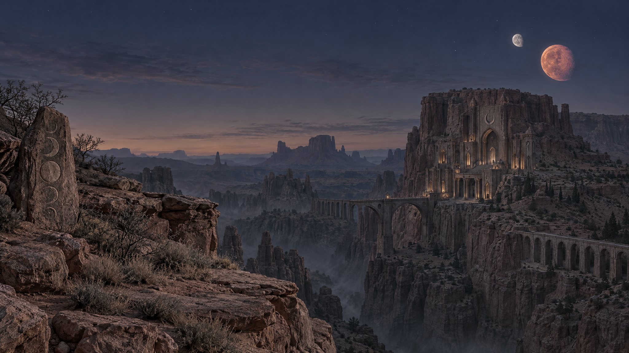 A mesa moon temple in Elsweyr under Masser and Secunda